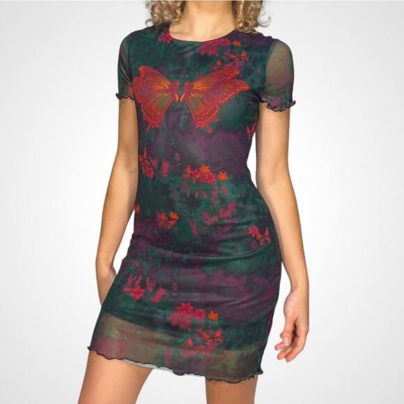 Shein Sheer Lined Butterfly Print Bodycon Dress Short Sleeve Small‎ - Picture 1 of 13